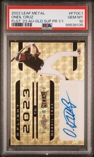 Marketplace image: 2023 Oneil Cruz Leaf Metal Gold Flight 1/1 Superfractor Auto PSA 10 Vinyl True