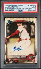 Marketplace image: 2025 Bowman Draft Chrome Mason Morris #CPA-MM 1/1 Auto Superfractor PSA 9 REDS