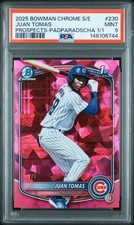 Marketplace image: 2025 BOWMAN CHROME SAPPHIRE EDITION PROSPECTS #230 JUAN TOMAS 1/1 PSA 9