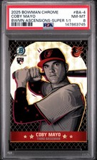 Marketplace image: 2025 Bowman Chrome Ascensions Coby Mayo BA-4 SuperFractor 1/1 RC PSA 8