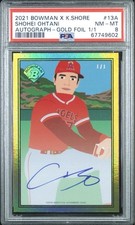 Marketplace image: 2021 Bowman X Keith Shore Shohei Ohtani Auto Red SP 1/1 Gold Superfractor Psa 8