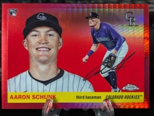 Marketplace image: 2025 Topps Chrome Platinum Anniversary Aaron Schunk RC RED PRISM 1/1 SSP #386
