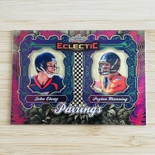 Marketplace image: JOHN ELWAY, PEYTON MANNING 2024 Leaf Eclectic Pairings Superfractor Prizm 1/1