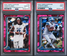 Marketplace image: 2x 2025 Topps Chrome Jahmyr Gibbs Padparadscha 1/1 Variation PSA 10 & True PSA 9