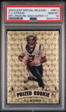 Marketplace image: 2023 Leaf CJ Stroud Gold Superfractor 1/1 PSA 10 RC Prized Rookie #PR11 Texans