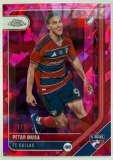 Current marketplace image for 2026 Topps Chrome #129 Petar Musa Red Sapphire Superfractor 1/1