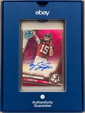 Marketplace image: 2023 Ty Simpson Bowman Chrome University Sapphire Padparadscha 1/1 Auto Alabama