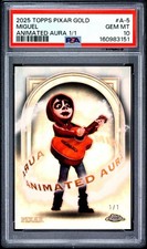 Marketplace image: MIGUEL 2025 PIXAR GOLD TOPPS CHROME ANIMATED AURA SUPERFRACTOR COCO 1/1 PSA 10