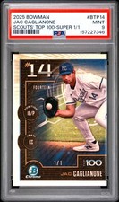Marketplace image: 2025 Bowman Chrome Scouts Top 100 Jac Caglianone Superfractor 1/1 – PSA 9 Royals