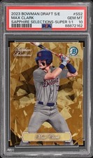 Marketplace image: Max Clark 2023 Bowman Draft Sapphire Selections Superfractor 1/1 PSA 10 Tigers