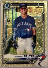 Marketplace image: 2021 MANUEL BELTRE 1/1 SUPERFRACTOR FIRST BOWMAN REFRACTOR PSA MINT 9 BLUE JAYS