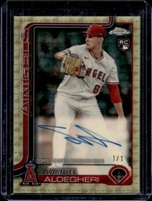 Current marketplace image for 2025 Topps Chrome #1 Aldegheri Rookie Auto Refractor Superfractor 1/1