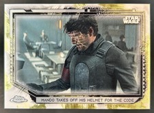 Current marketplace image for 2021 Topps Chrome #1 Mando Takes Off Helmet Superfractor 1/1