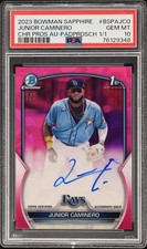 Marketplace image: Junior Caminero 2023 Bowman Chrome Sapphire 1st Padparadscha Ref Auto 1/1 PSA 10