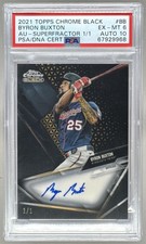 Marketplace image: 9968 Byron Buxton 2021 Topps Chrome Black #CBA-BB SuperFractor Auto 1/1 PSA 6/10